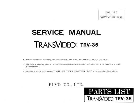 Elmo TRV-35 Onderdelen- en service handleiding, Talen: Engels cover