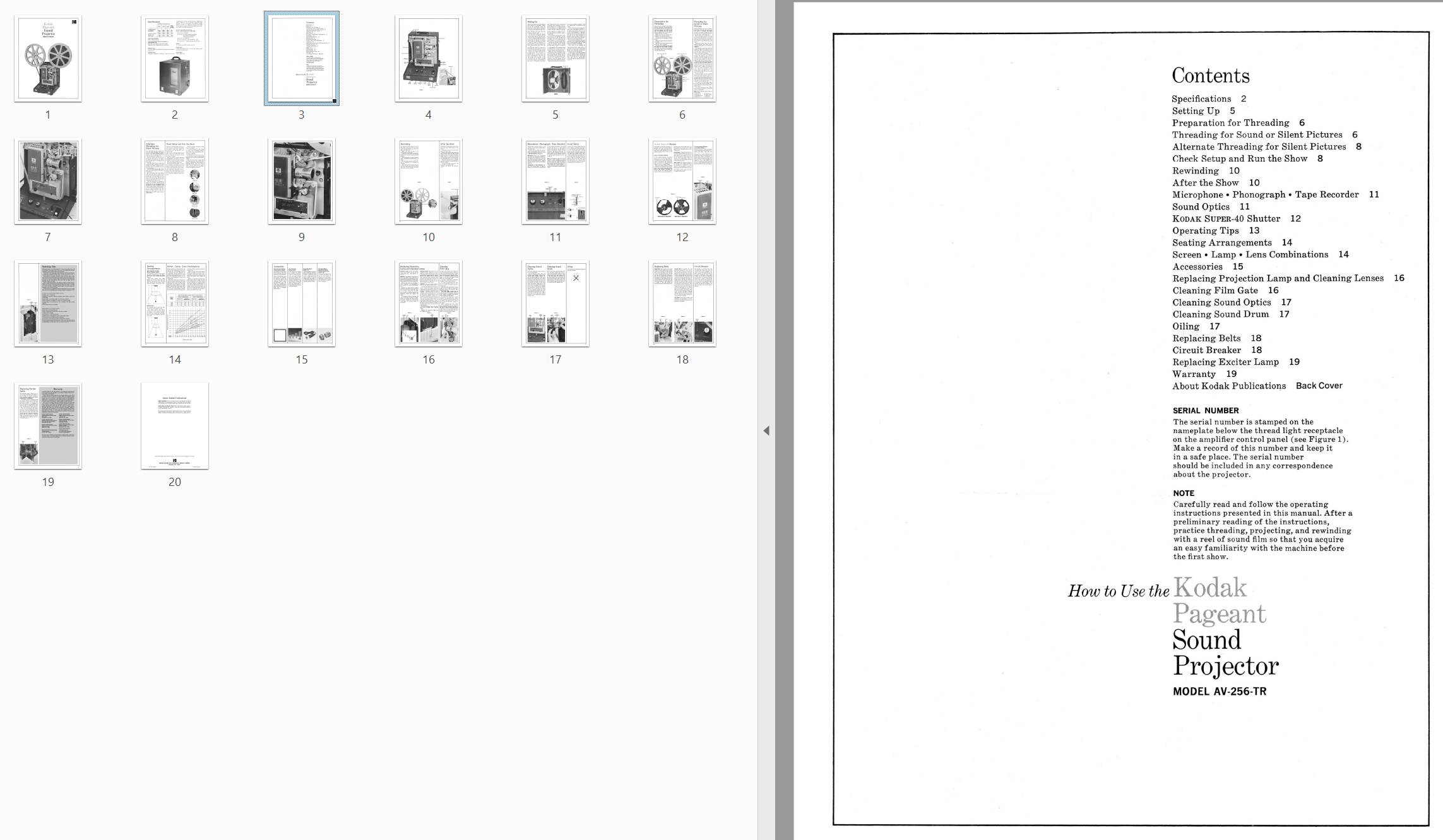 Kodak Pageant Sound Projector MODEL AV-256-TR Gebruikshandleiding, Talen: Engels preview