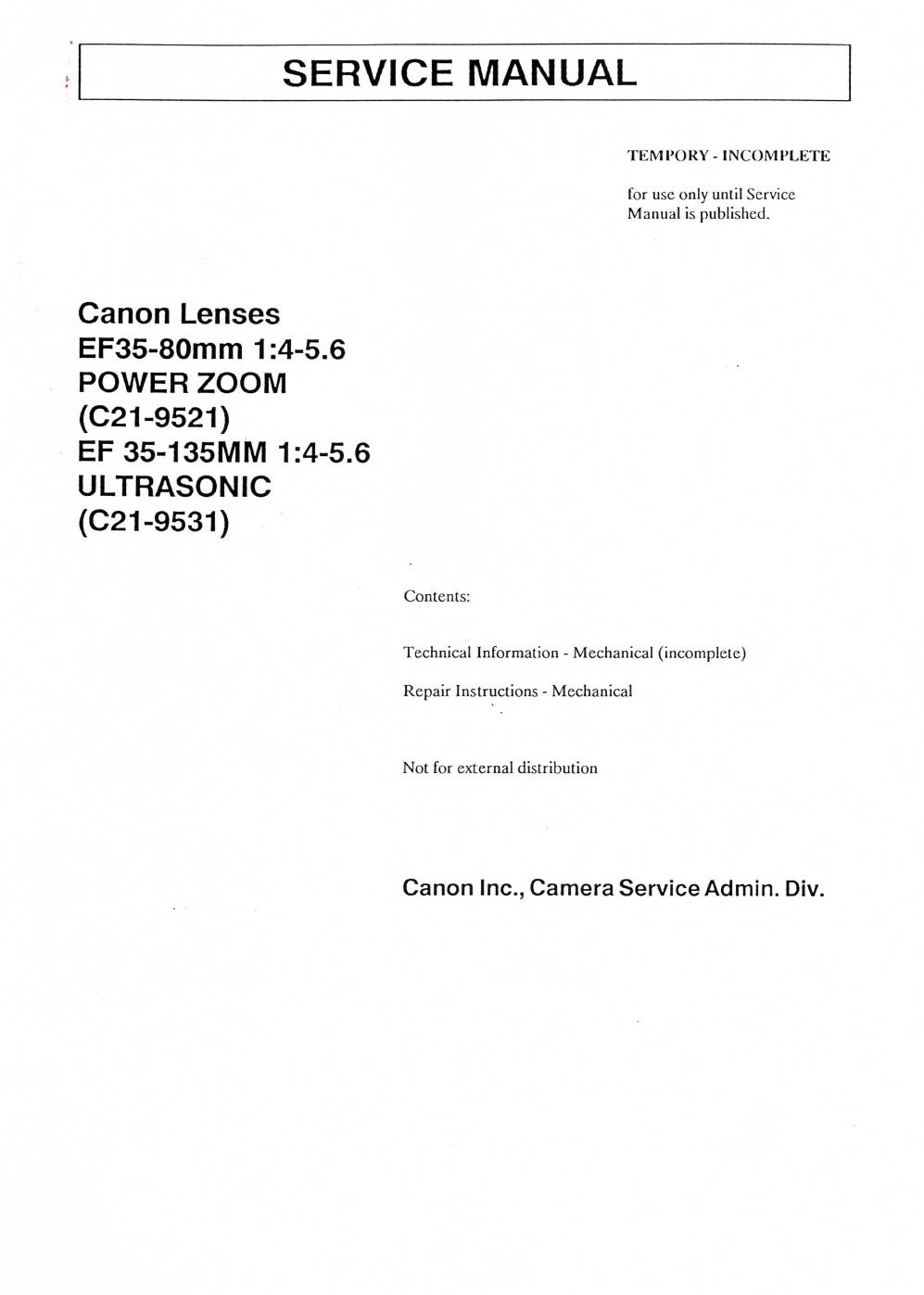 Canon EF35-80 14-5.6 Power Zoom (C21-9521) EF 35-135mm 14 Onderdelen- en service handleiding, Talen: Engels cover