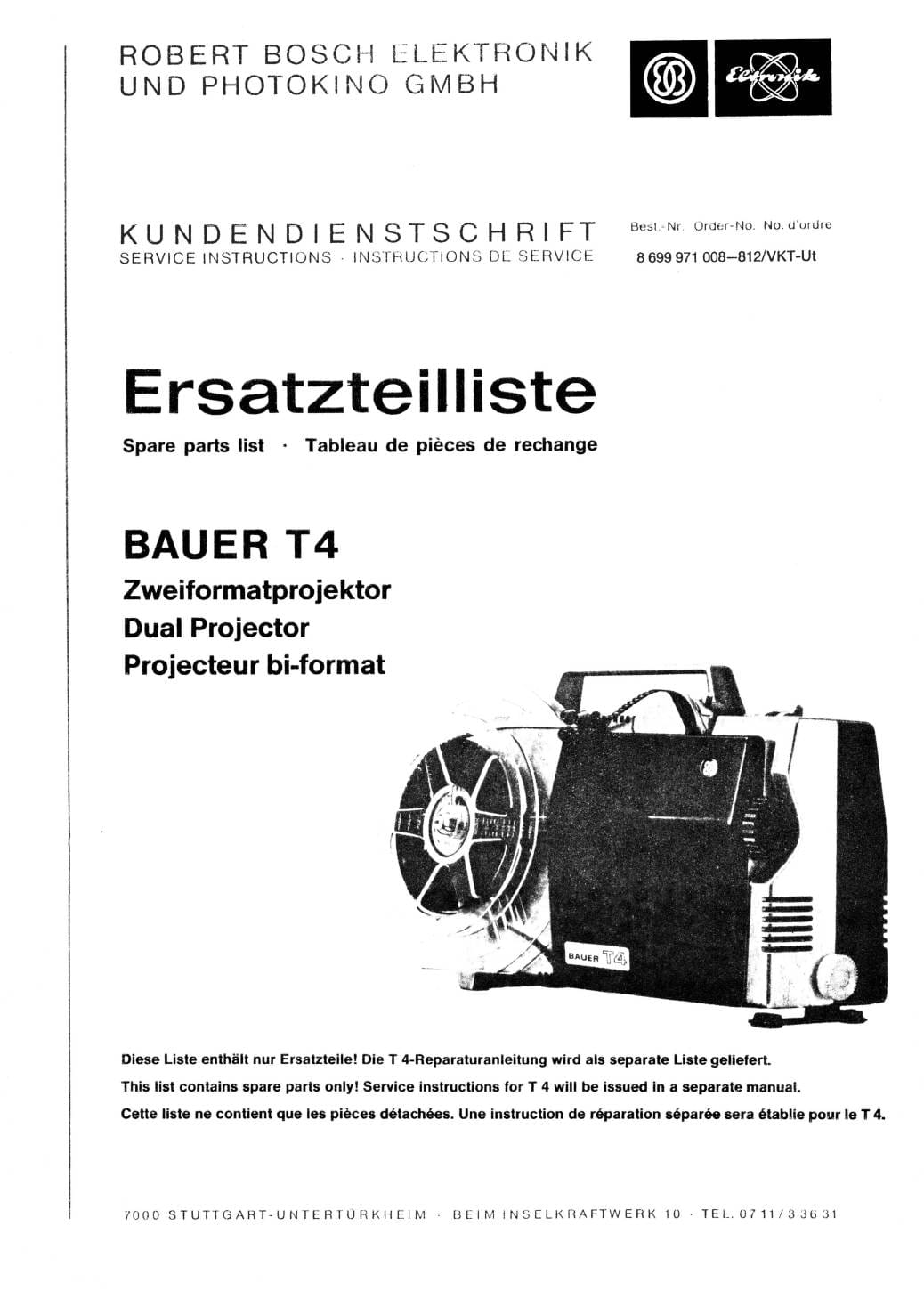 Bauer T4 Onderdelenhandleiding, Talen: Duits Engels Frans cover
