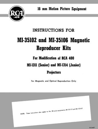 RCA MI-35102 MI-35106 Magnetic Reproducer Kits for Modification of RCA 400 MI-1311 and MI-1314 projectors Service handleiding, Talen: Engels cover