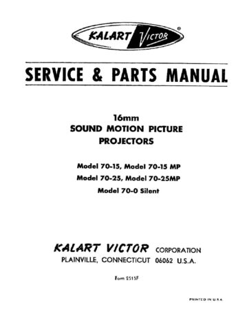 Kalart-Victor 70-15, 70-15 MP, 70-25, 70-25 MP, 70-0 Silent Onderdelen- en service handleiding, Talen: Engels cover